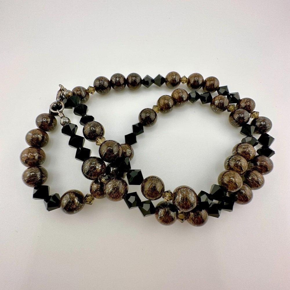 Necklace Round Bronzite Faceted Black Bicone Crystal Beads 20" L